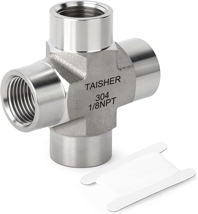 TAISHER 1PCS Forging of 304 Stainless Steel 4 Way Pipe Fittings, 1/8" x 1/8" x 1/8" x 1/8" NPT Female Pipe Fittings