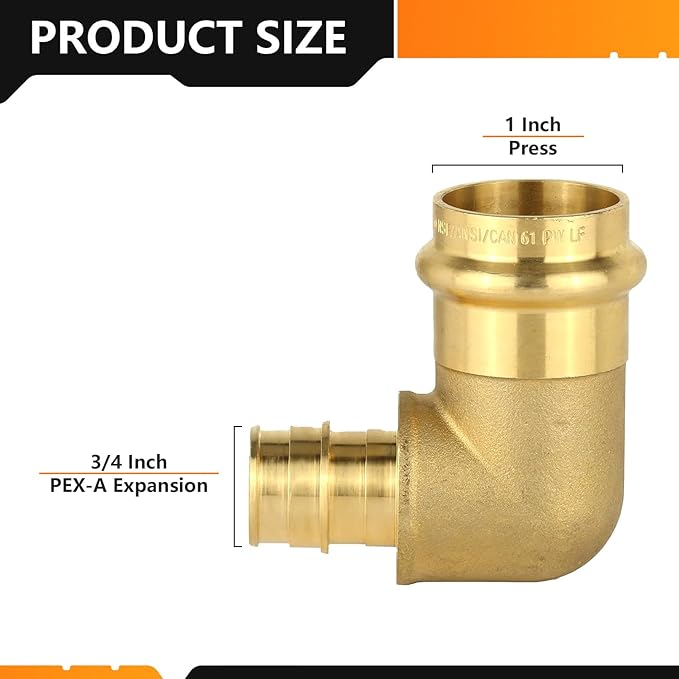 5-Pack HeSun Copper Press Fitting Elbow, 1" PRESS X 3/4" PEX-A F1960 Expansion Elbow, LF Brass