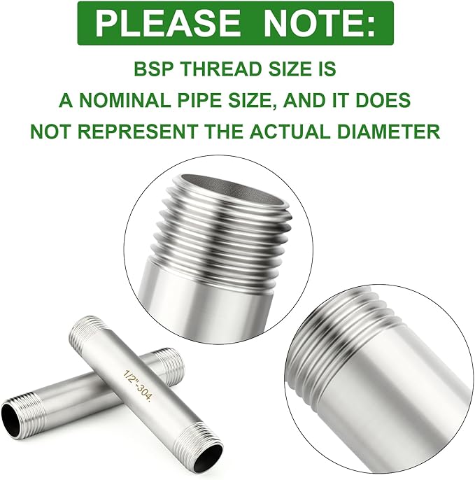 TAISHER 2PCS Stainless Steel Pipe Fittings, 1/2" BSP Male x 1/2" BSP Male Threaded, 4" Length Nipple Cast Pipe