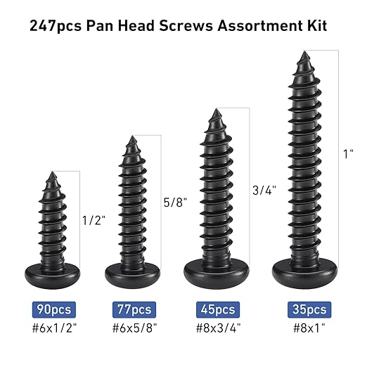 247Pcs Pan Head Wood Screws Assortment Kit, #6#8 Black Oxide Stainless Steel 304 Self Tapping Screws Set, Phillips Drive, Sheet Metal Screws