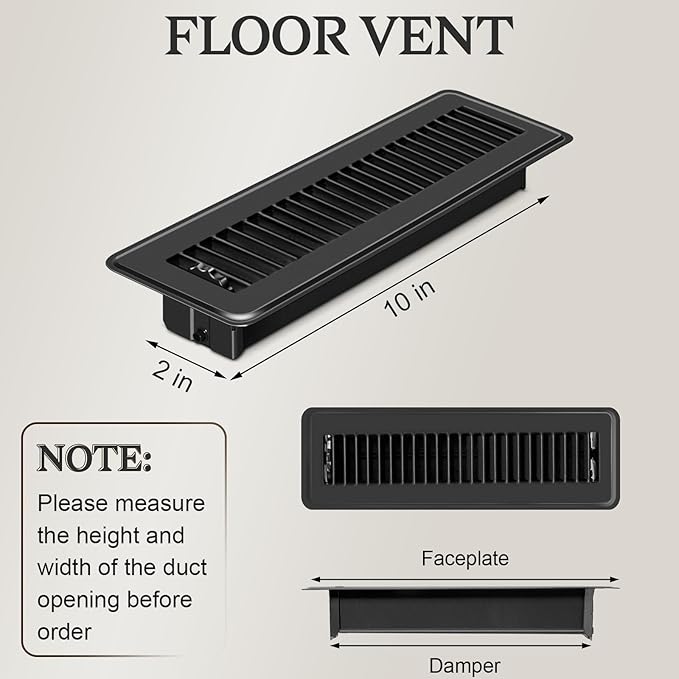 2 PCS Floor Vents Floor Registers 2x10 inch, Heavy Duty Metal Heat Air Vent Covers 2 X 10 with Rust Proof Finish for Home Office Wall Floor Registers Grilles & Vents (2, Black, 2x10 Inches)