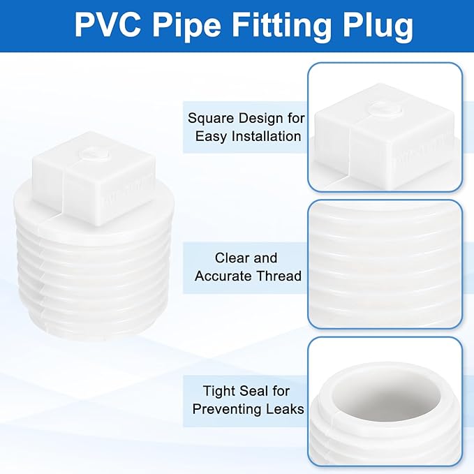 uxcell 5Pcs 1/2 Inch PT Male Thread PVC Pipe Fitting Plug, Cleanout Plugs, Water Drain End Caps Coupling Adapter with Tape for Water Heater Supply Lines, Plumbing, White