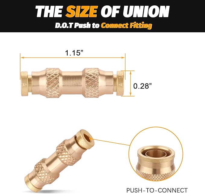 1/8" DOT Push to Connect Air Fittings, (One-eighth of an Inch) Push-In D.O.T Brass Fittings for Air Brake Lines of Trailers and Industrial(Pack 4)