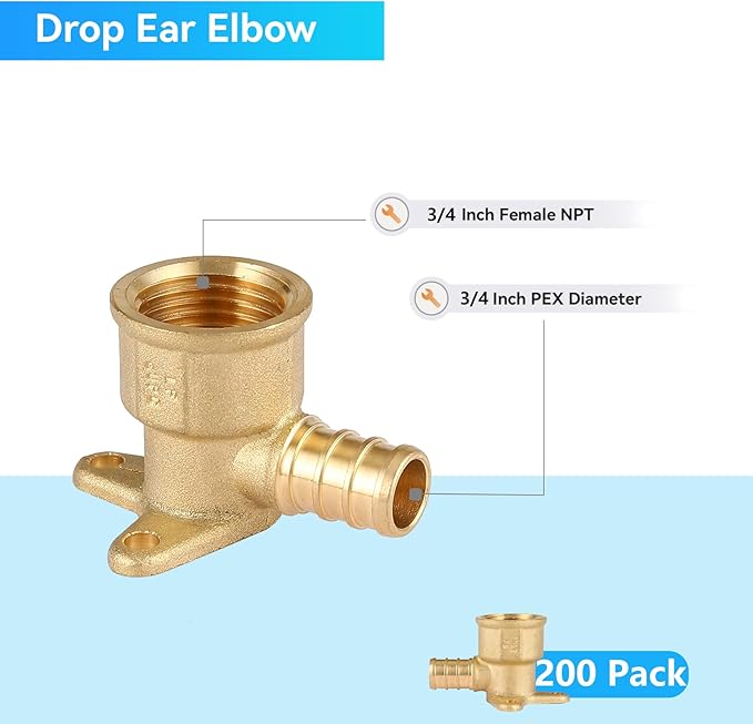 PEX Fitting 3/4" Drop Ear Elbow,200Pack Pex 3/4 Inch x 3/4 Inch Female NPT Drop Ear Elbow,PEX F1807 Crimp Brass Fittings(PEX1807169-200Pack)