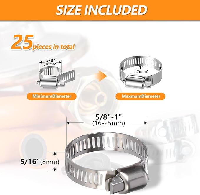 25 Pack Worm Gear Hose Clamp, Adjustable Range 5/8"-1" (16-25mm) 304 Stainless Steel Fuel Line Hose Clamps, Metal Fuel Line Hose Clamps for Plumbing,Intercooler,Pipe,Fuel Line Radiator Clamps