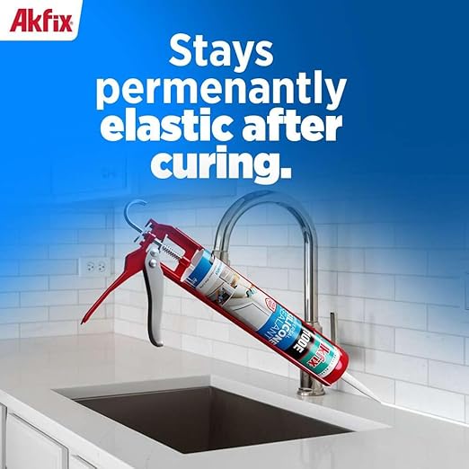 Akfix 100E RTV White Silicone Caulk (48x10.1 fl.oz.) - 100% Waterproof Silicone Sealant for Kitchen and Bathroom, Shower, Toilet, Sink, Window and Door, No Yellowing | White, 48 Pack