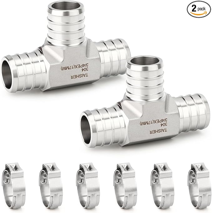 TAISHER 2PCS 304 Stainless Steel Tee Pex Fittings, 3/4" Pex Fitting With 6PCS Hose Clamp For Pex Tubing Pipe