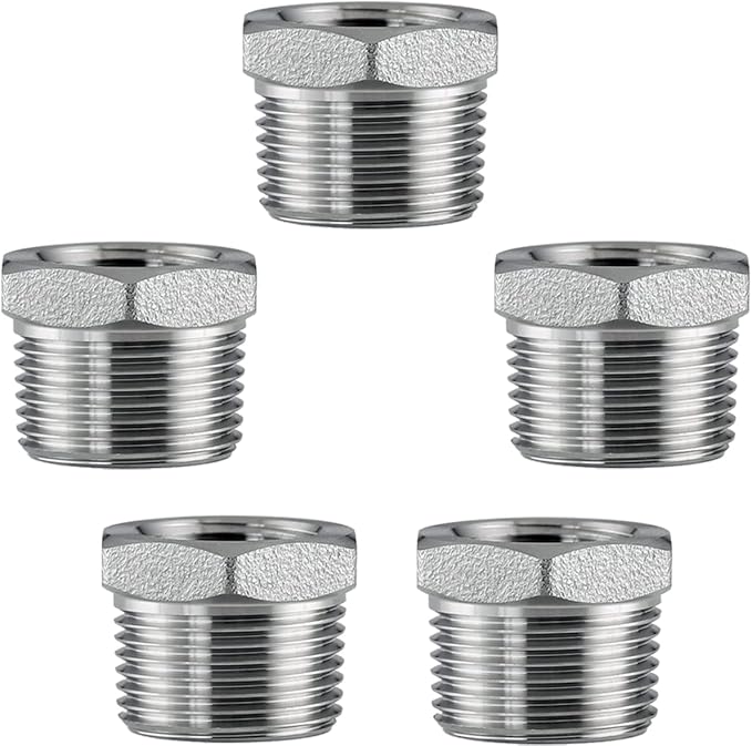 Stainless Steel 3/4" Male NPT to 1/2" Female NPT Reducer Hex Bushing Pipe Fitting Adapter (pack of 5)