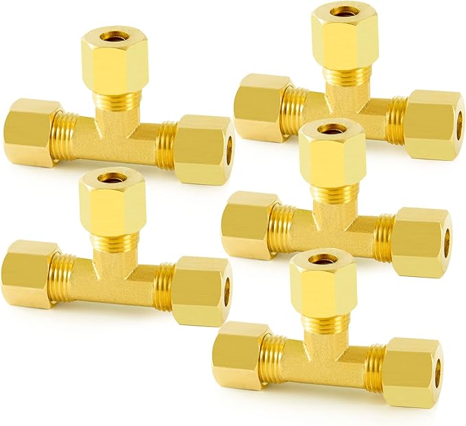 ChillWaves Brass Tee Compression Tube Fitting, 5/16" OD x 5/16" OD x 5/16" OD Compression Union Connector(5-PACK)
