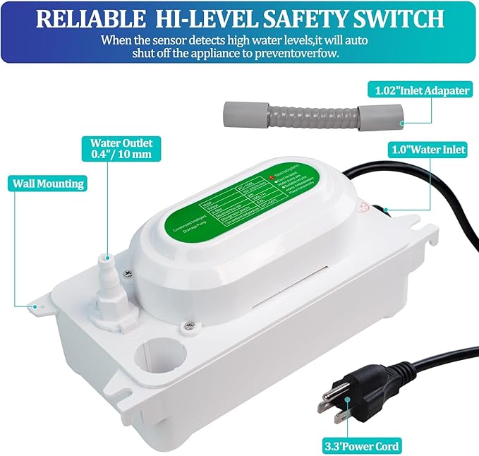 Condensate Pump, 6.6 ft/2 m Lift, 110V, 5W AC, 100 L/H Flow, Air Conditioner, Commercial Ice Makers, White