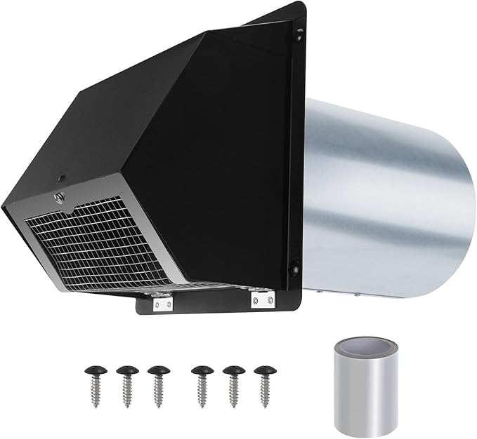 8 Inch Dryer Vent Cover Outside, Black Wall Dryer Vent Cap, No-Pest Metal Vent Covers For House Exterior