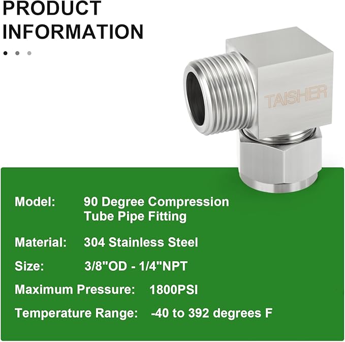 TAISHER 2PCS 304 Stainless Steel Square 90 Degree Compression Tube Pipe Fitting Connector, 3/8" Tube OD x 1/4" NPT Male Adapter