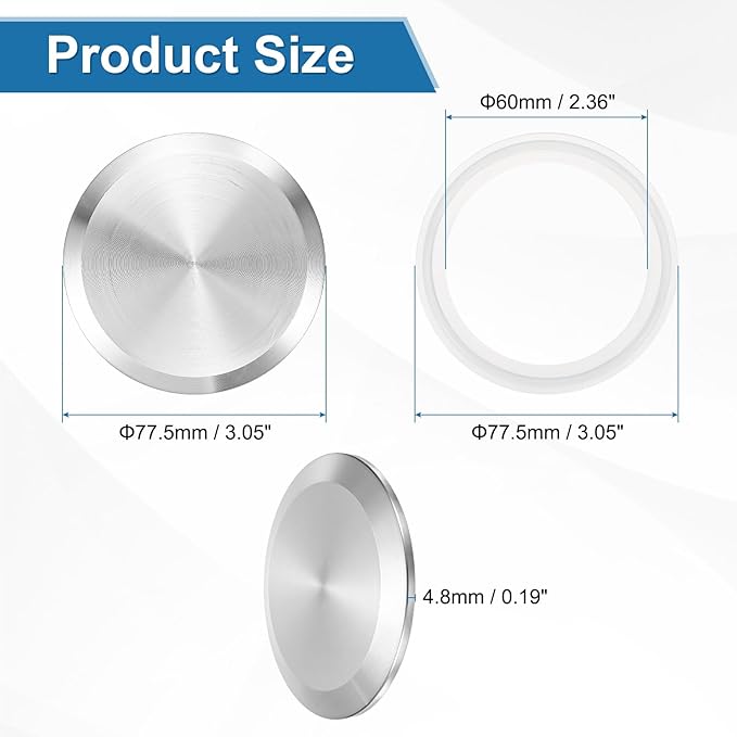 uxcell 2set Stainless Steel Sanitary Fitting Clamp End Cap 3" (77.5mm) Solid Tube End Cap with Silicone Gasket for Food Beverage Cosmetics Factory Pipes