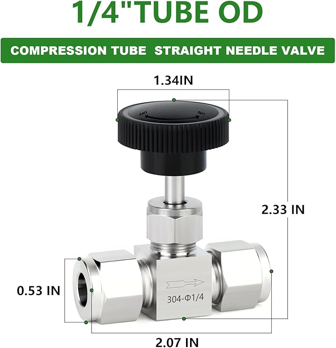 TAISHER 1PCS 304 Stainless Steel Compression Tube Square Straight Needle Valve 1/4" Tube OD x 1/4" Tube OD For Flow Control Water Gas Oil