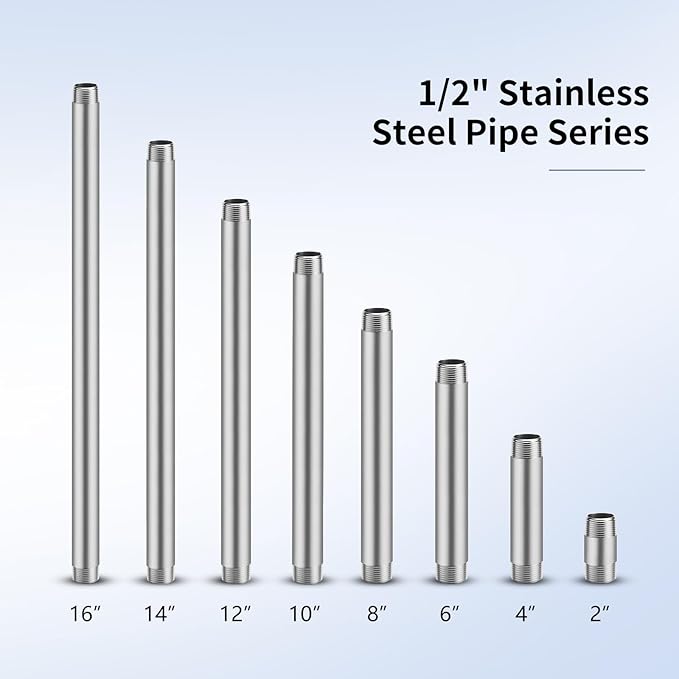 1/2"x8" 304 Stainless Steel Pipe, 1/2" NPTx 1/2" NPT Male Threaded Nipple, SCH40 Heavy Duty Pre-Cut Steel Pipe for Plumbing Gas, Hydraulic, and Industrial Applications(8", 2 Piece)