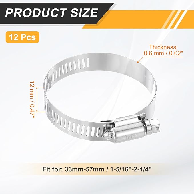 HARFINGTON 12 Pcs Hose Clamp 1-5/16"-2-1/4" (33-57mm) 304 Stainless Steel Adjustable Worm Gear Hose Clamp Assortment Kit for Fuel Line Pipe Plumbing Automotive Tube Mechanical
