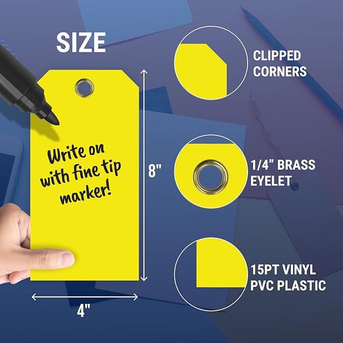 Tags 4 Less 15 Mil Waterproof Plastic Tags, Pack of 100 – 4” x 8” Heavy Duty Plastic Tags for Labeling, Outdoor Tagging, Equipment Labeling, Luggage, Valves & More (Yellow)