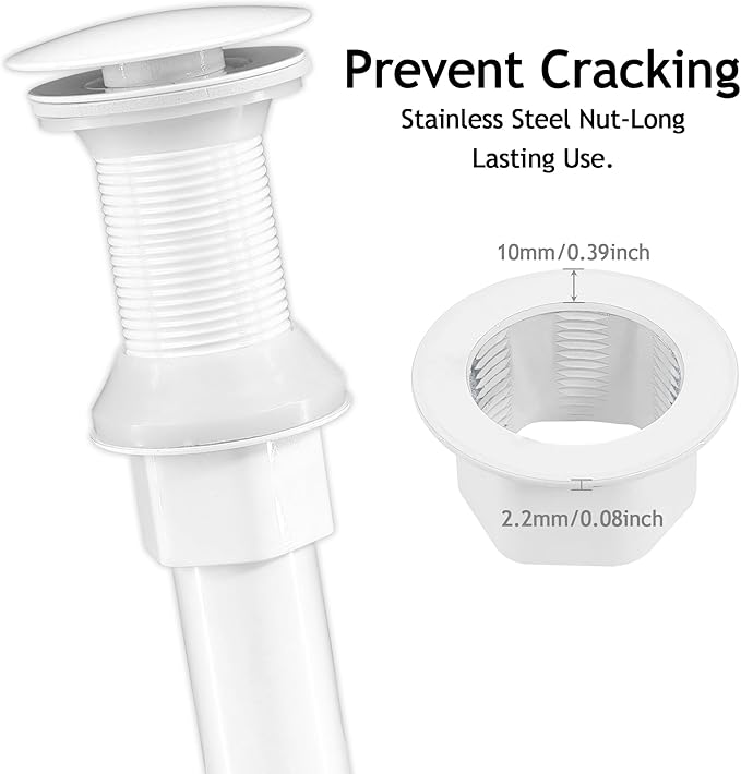 Bathroom Sink Drain,2 Pack White Drain Stopper Bathroom Sink Without Overflow,Pop Up Drain Assembly with Detachable Strainer Basket,Built-in Anti-Clogging, Stainless Steel Nut