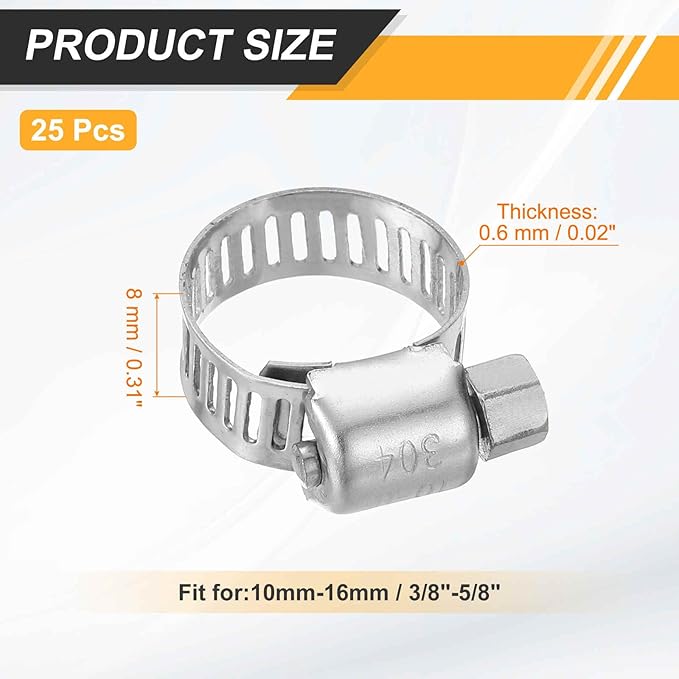 HARFINGTON 25 Pcs Hose Clamp 3/8"-5/8" (10-16mm) 304 Stainless Steel Adjustable Worm Gear Hose Clamp with Phillips Screw Assortment Kit for Fuel Line Pipe Plumbing Automotive Tube