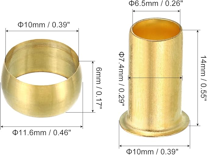Patikil 10mm Tube OD Brass Compression Sleeves and Ferrules, 20 Pack Brass Ferrule Compression Insert Fitting Assortment Kit for Air, Water, Gas Pipe