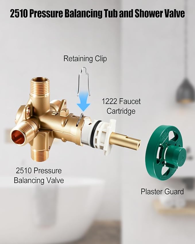 2510 Shower Valve Compatible with Moen Posi-temp, 4 Port 1/2 Inch IPS Connection, Pressure Balancing Rough-In Valve for Bathtub and Shower, with 1222 Shower Cartridge, Brass