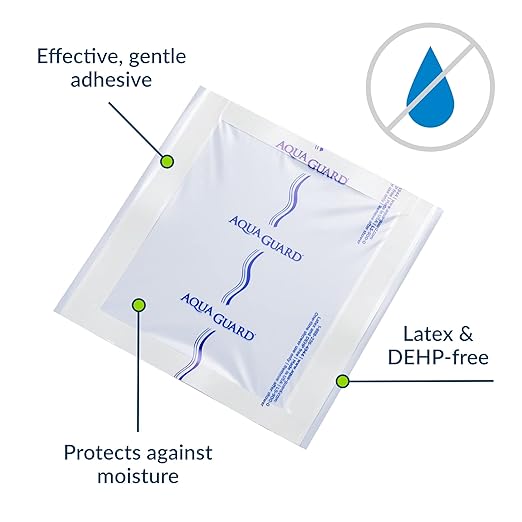 TIDI 50004-CSE AquaGuard Sheet – 4” x 4” – (Area of Coverage: 2.5” x 2.5”) – Shower Protection Sheet – Self-Adhesive Moisture Barrier – Wound Cover for Showering – 98 Sheets – Home Medical Supplies