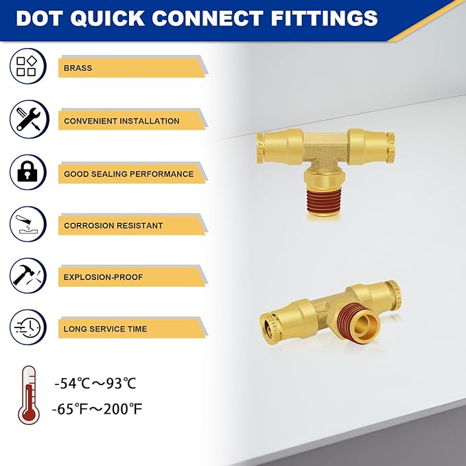 1/4“ DOT Air Line Quick Connect Fittings, 3PCS Brass Push to Connect Fittings 1/4" Tube OD × 1/8" NPT Tee Union to Male Pipe Swivel for Truck Trailers Air Brake System