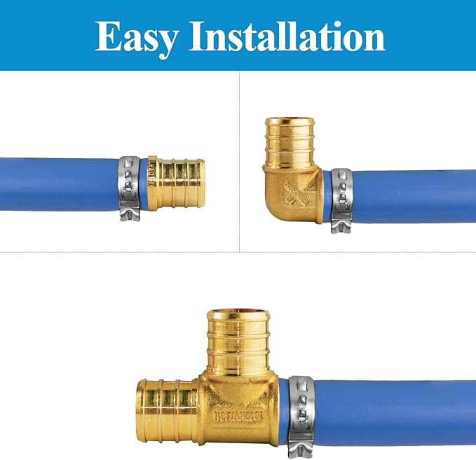WiseWater 36 Pcs Pex Fittings, 1/2 inch T PEX Tee(12PCS) & 90 Degree Elbow & Straight Coupling, Brass Barb Crimp Pipe Fitting for Pex Pipe(Pack of 36), UPC Certified