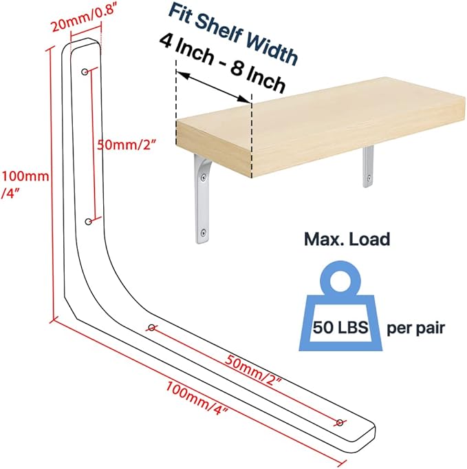 SAYAYO Heavy Duty Floating Shelf Bracket 4 Inch x 4 Inch, Stainless Steel Wall Shelf Brackets & Supports Brushed Nickel L Bracket, Angle Brackets Corner Brace for Wood, 4Pcs