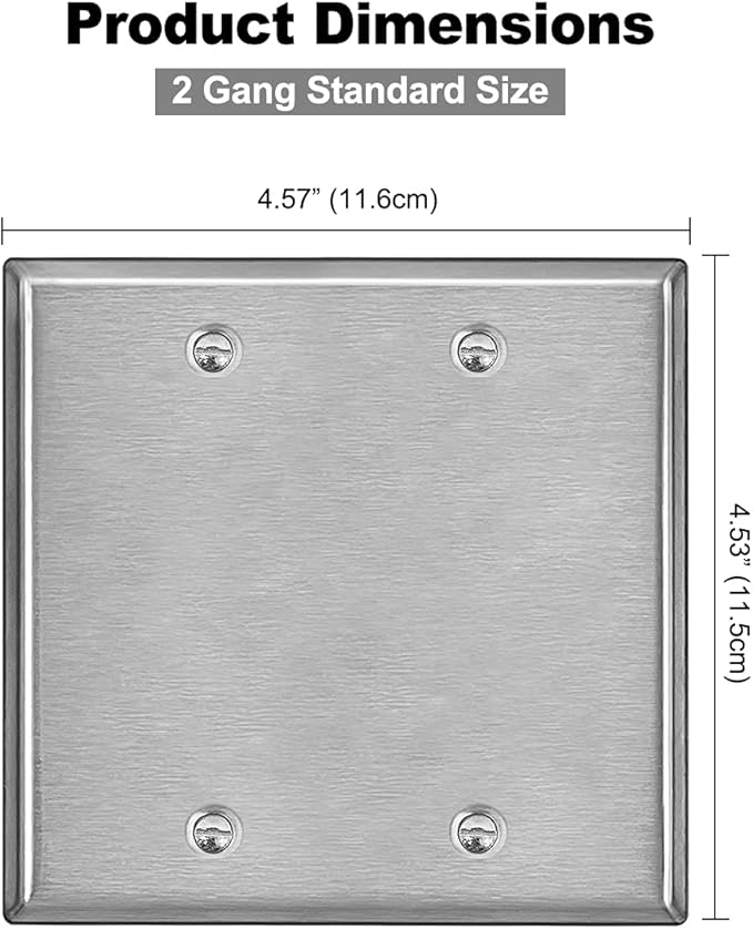 [2 Pack] BESTTEN 2-Gang Blank Metal Wall Plate with Ｗhite or Clear Plastic Film, No Device Corrosion-Resistant Stainless Steel Outlet Cover, Standard Size, H4.53” x W4.57”, Brushed Finish