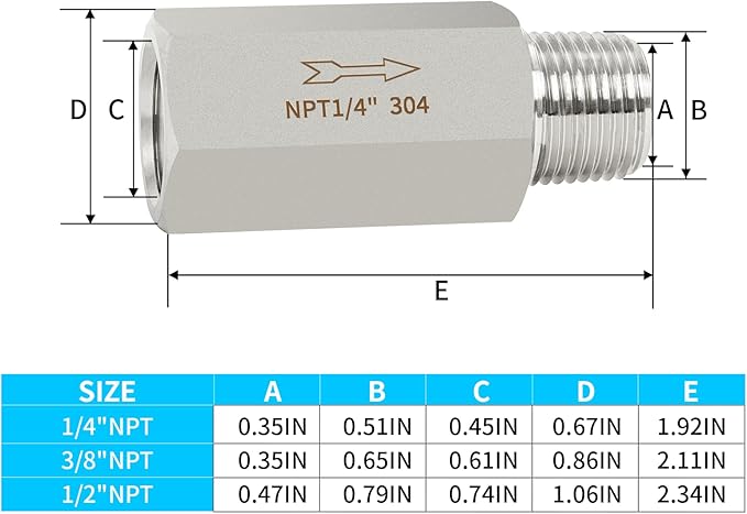 ChillWaves 304 Stainless Steel In-Line Siamese Check Valve 1/4" NPT Male x 1/4" NPT Female Thread, One-Way Non-return Check Valve，Prevent Water Back-flow(1-PACK)
