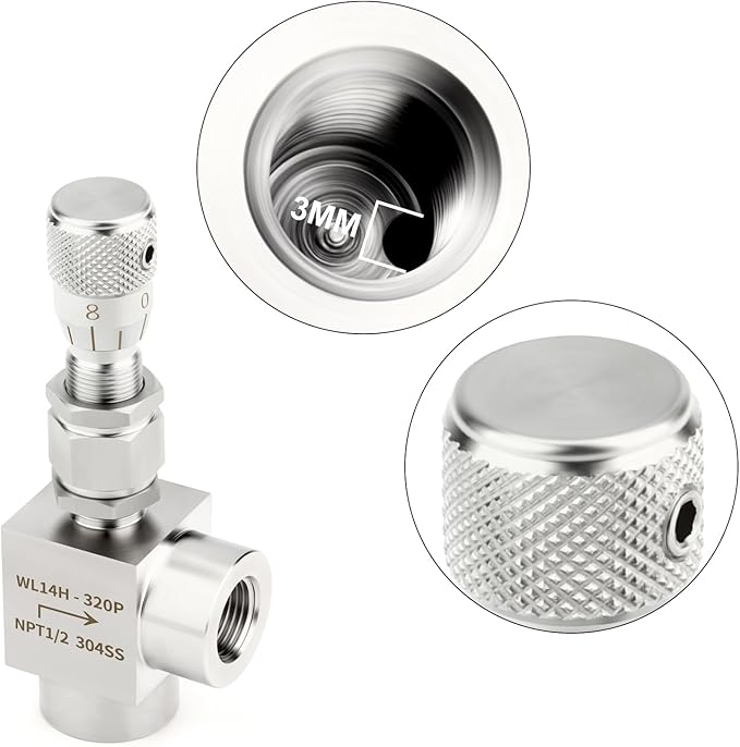 TAISHER 1PCS 304 Stainless Steel Reduce Port 3mm 90 Degree Elbow Needle Valve 1/2" NPT Female，Accurate Dials For Micro Flow Control Instrument Gauge Water Gas Oil
