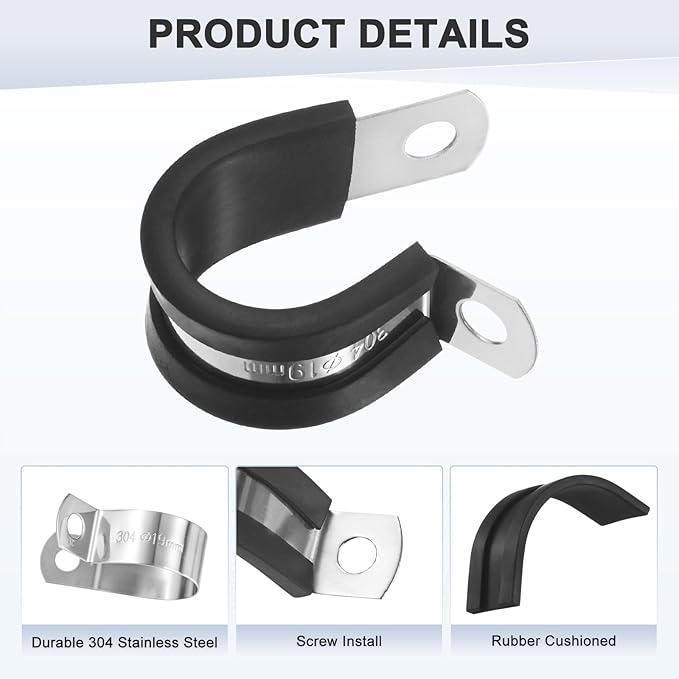 20-Pack Cable Clamps, 3/4 Inch/ 19 mm 304 Stainless Steel Rubber Cushioned Insulated Cable Clamp R Shape Metal Holder for Tube/Wire/Pipe/Loop Installation