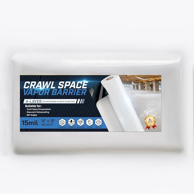 Crawl Space Vapor Barrier - 15 Mil Vapor Barrier - (12' x 12'), Tear Resistant, Heavy Duty Vapor Barrier Plastic, Drop Cloth Moisture Barrier Plastic Sheeting Covering for Crawlspace Encapsulation