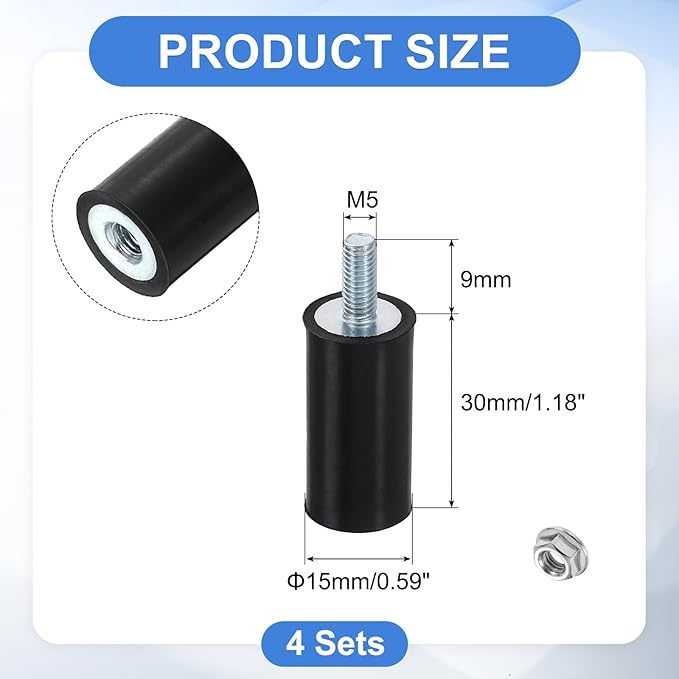 uxcell M5 Rubber Mounts, 4Pcs 15x30mm(DxH) Rubber Cylindrical Anti Vibration Isolator Shock Absorber with Lock Nut for Car Bobbin Generator Air Compressors