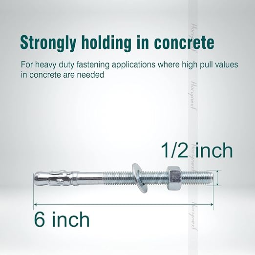 1/2 x 6 inch Carbon Steel Wedge Anchor kit for Concrete Cement Wall Floor Ground Deck Fence Base Bracket, Drill Stud Post Strong Screw Bolt Set.(10 pcs)