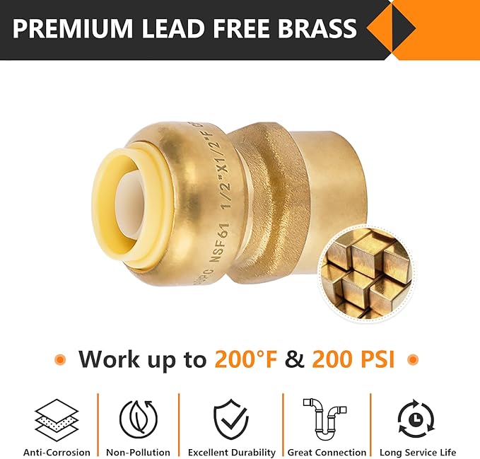 12-Pack HeSun Pushfit Female Adapter, 1/2" FNPT x 1/2" Push to Connect Plumbing Fittings with Disconnect Clip, Brass Push-fit Fittings for PEX, Copper, CPVC, PE-RT Pipes(PF030-12)