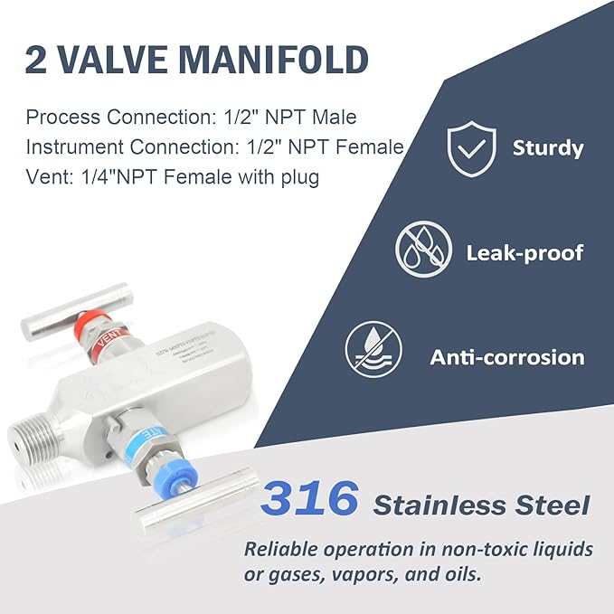 2-Valve Manifold – 316 Stainless Steel 2-Way High-Pressure Gas Distributor, Compatible with Pressure Gauges & Transmitters by Rosemount, Siemens, Honeywell, E+H.