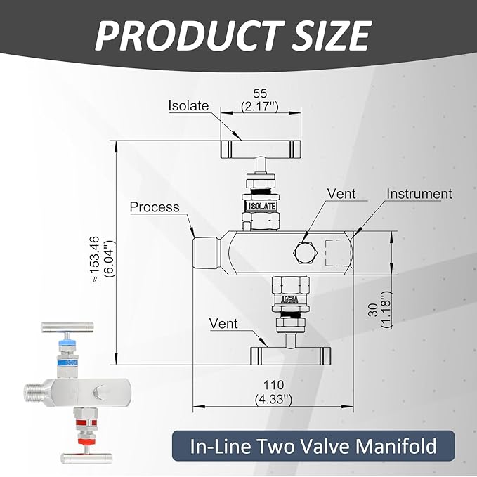 2-Valve Manifold – 316 Stainless Steel 2-Way High-Pressure Gas Distributor, Compatible with Pressure Gauges & Transmitters by Rosemount, Siemens, Honeywell, E+H.