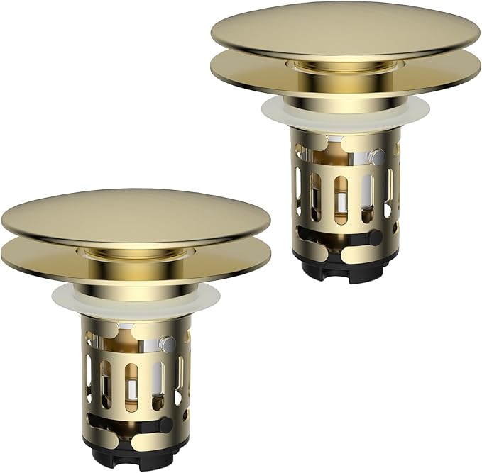 Hibbent 2 Pack Upgraded 3 in 1 Bathroom Sink Drain Strainer, Pop Up Sink Stopper with Big Cap, Anti-Clogging Metal Filter Basket,Sink Plug with Hair Catcher for 1.1''~2.36'' Basin, Brushed Gold