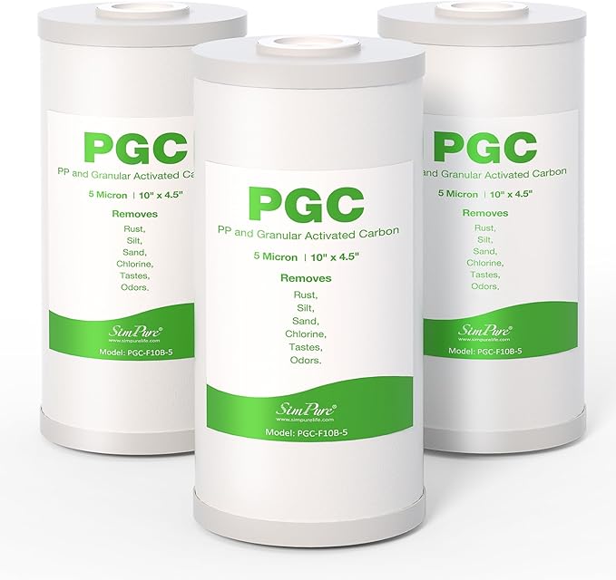 SimPure 5 Micron 10" x 4.5" Sediment and Carbon Whole House Water Filters, PGC Replacement Cartridge for GE FXHTC, GXWH40L, RFC-BB / 155141-43, WRC25HD, WDGD-5005, W10-PR, W15-PR, 3 Pack