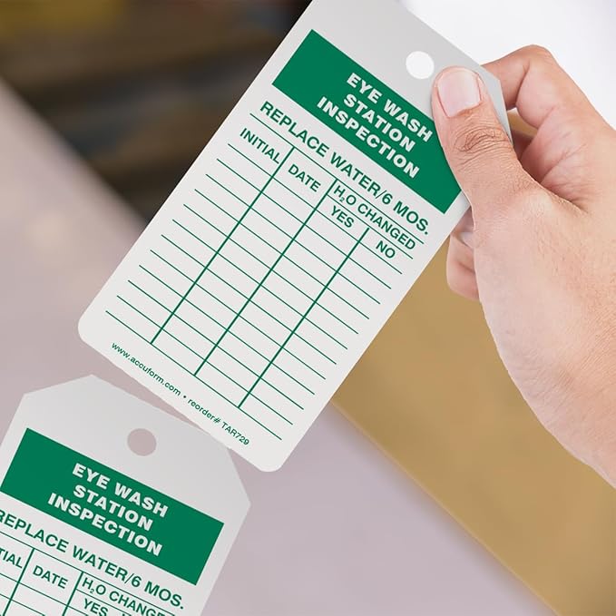 AccuformNMC 250 Tags by-The-Roll, Eyewash Station Inspection Tags with Record, US Made OSHA Compliant Eye Wash Tags, Waterproof PF-Cardstock, Resists Tears, 6.25"x3", TAR729