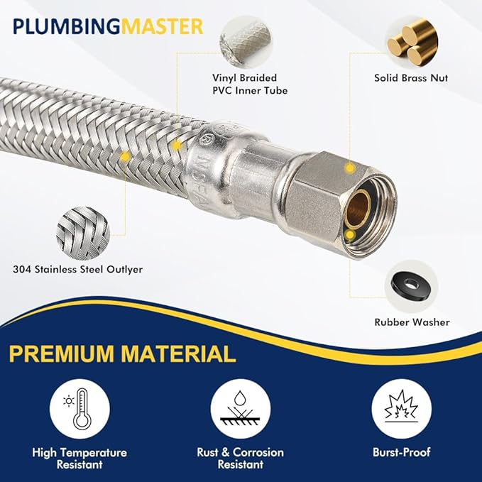 6FT Dishwasher Hose with Elbow – Stainless Steel Braided Supply Line, 3/8" Compression to 3/8" Elbow, Universal Fit, Burst Proof, NSF/Lead-Free Certified, 10-Year Warranty