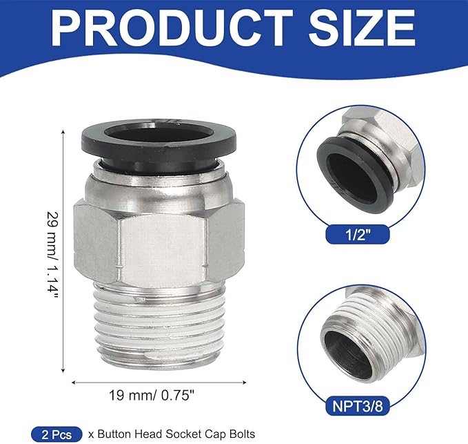 MECCANIXITY 2 Pcs NPT Push to Connect Air Fittings, Male Straight 1/2" Tube OD x 3/8" NPT Thread Air Quick Connector Coupling Adapter for Gas Hose Pneumatic Tools Black