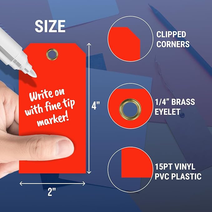 Tags 4 Less 15 Mil Waterproof Plastic Tags, Pack of 100 – 2” x 4” Heavy Duty Plastic Tags for Labeling, Outdoor Tagging, Equipment Labeling, Luggage, Valves & More (Fluorescent Orange/Red)