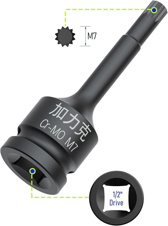 1/2-Inch Drive x M7(7mm） Impact XZN Triple Square Spline Bit Socket, Metric Lengthen Screwdriver Socket Adapter, 3-Inch Length, CR-MO Steel, One-Piece Construction, Black