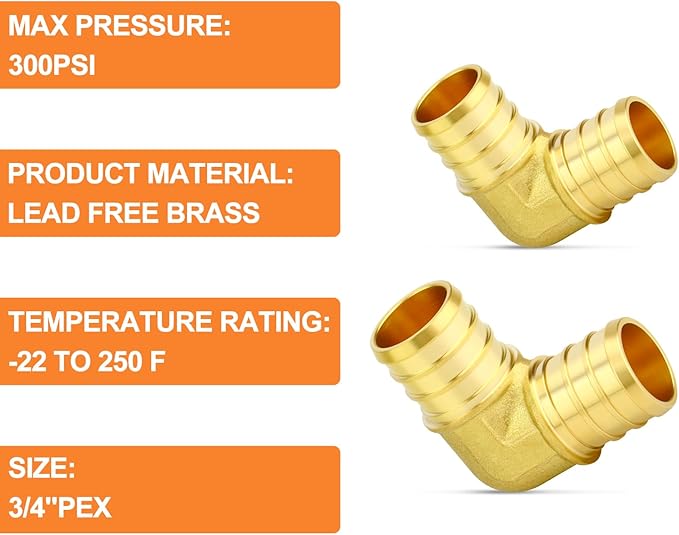 GASHER 20Pcs No Lead Brass 3/4" Pex Elbow Fittings, 3/4 Inch Pex Fittings for Pex Tubing