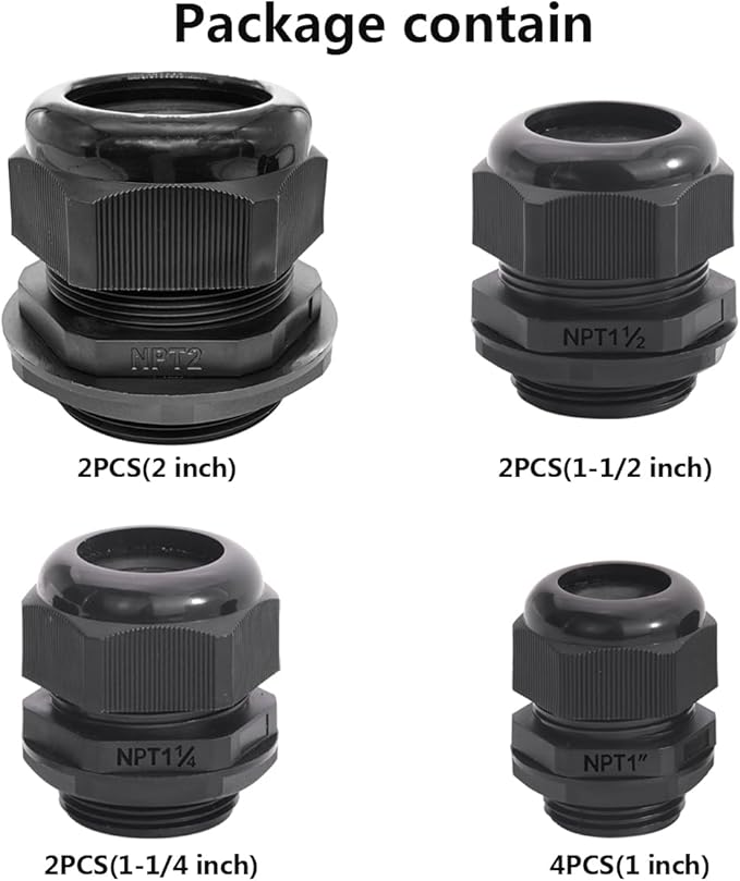 Cable Glands-PENGLIN 10PCS NPT Nylon Cable Connector 1-1/4", 1-1/2'', 1'',2'', Strain Relief Cord Connector With Gaskets, IP68 Waterproof Adjustable Locknut