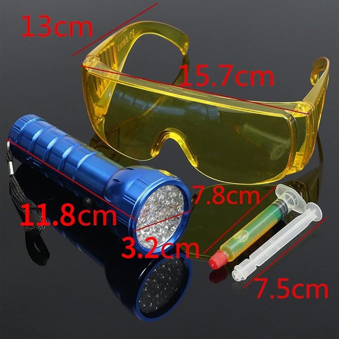 Leak Detector Kit, Fluorescent Protective Glasses Air Conditioning Accurate Leak Detector Kit Tools, Car Accessories Replacement Easy to Use Eco Friendly UV Dye(Random)