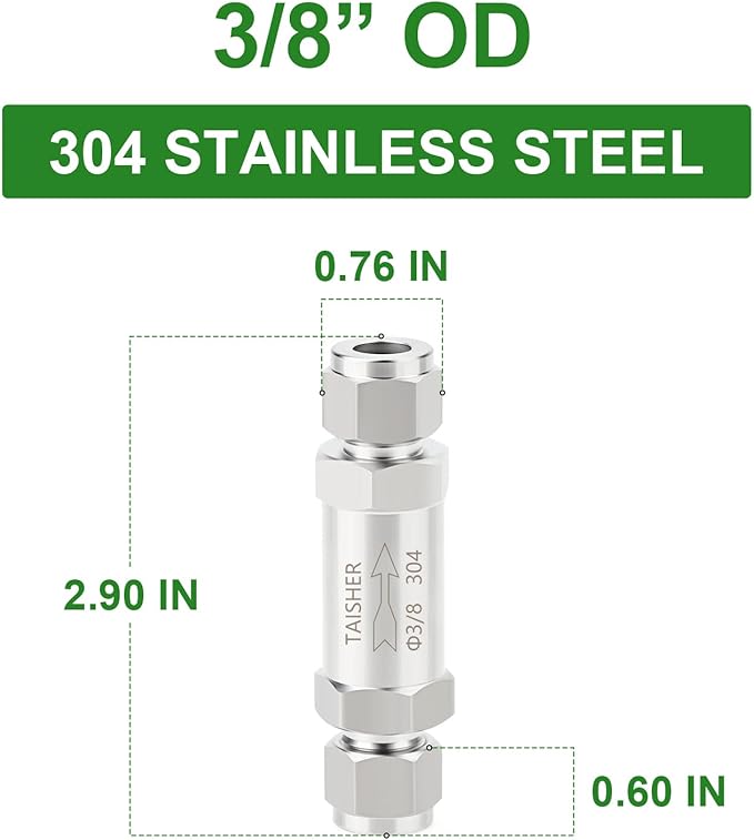 TAISHER 1PCS 304 Stainless Steel 3/8" Tube OD Check Valve,Backflow Prevention,One Way Non-Return Check Valves